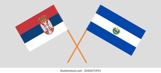 Crossed flags of Serbia and El Salvador. Official colors. Correct proportion. Vector illustration
