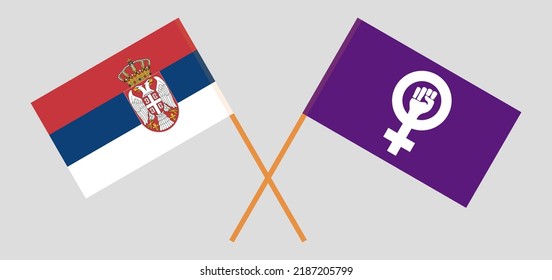 Crossed flags of Serbia and Feminism. Official colors. Correct proportion. Vector illustration
