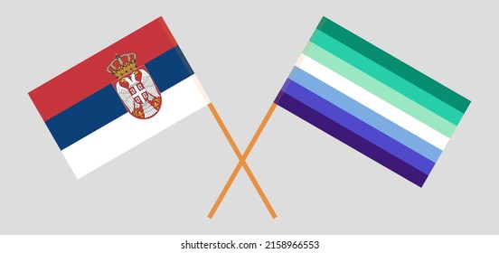 Crossed flags of Serbia and gay men pride. Official colors. Correct proportion. Vector illustration
