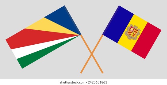 Crossed flags of Seychelles and Andorra. Official colors. Correct proportion. Vector illustration
