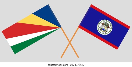 Crossed flags of Seychelles and Belize. Official colors. Correct proportion. Vector illustration