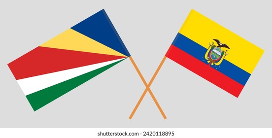 Crossed flags of Seychelles and Ecuador. Official colors. Correct proportion. Vector illustration
