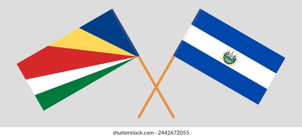 Crossed flags of Seychelles and El Salvador. Official colors. Correct proportion. Vector illustration
