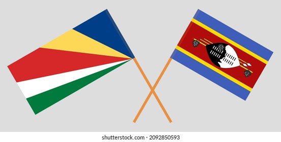 Gekreuzte Flaggen der Seychellen und Eswatini. Offizielle Farben. Richtiger Anteil. Vektorgrafik
