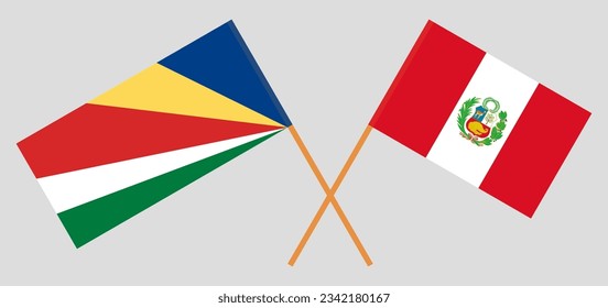 Crossed flags of Seychelles and Peru. Official colors. Correct proportion. Vector illustration
