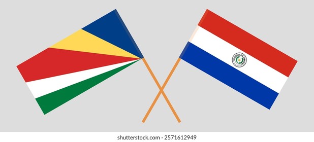 Crossed flags of Seychelles and Republic of Paraguay. Official colors. Correct proportion. Vector illustration.
