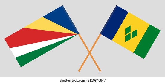 Crossed flags of Seychelles and Saint Vincent and the Grenadines. Official colors. Correct proportion. Vector illustration
