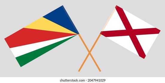 Gekreuzte Flaggen der Seychellen und des Staates Alabama. Offizielle Farben. Richtiger Anteil