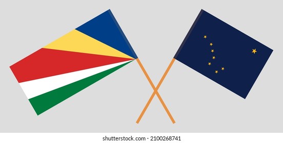 Gekreuzte Flaggen der Seychellen und des Staates Alaska. Offizielle Farben. Richtiger Anteil. Vektorgrafik
