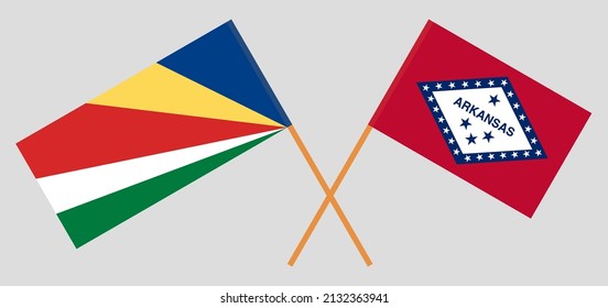 Crossed flags of Seychelles and The State of Arkansas. Official colors. Correct proportion. Vector illustration
