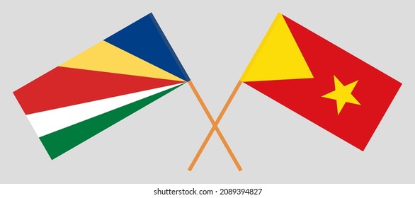 Banderas cruzadas de Seychelles y Tigray. Colores oficiales. Proporción correcta