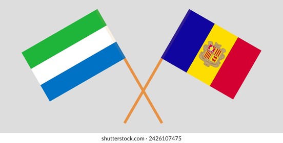 Crossed flags of Sierra Leone and Andorra. Official colors. Correct proportion. Vector illustration
