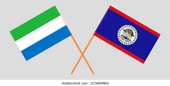 Crossed flags of Sierra Leone and Belize. Official colors. Correct proportion. Vector illustration
