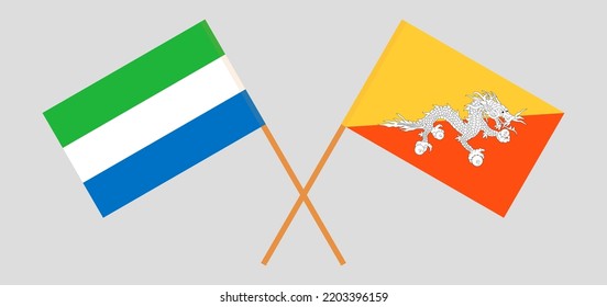 Crossed flags of Sierra Leone and Bhutan. Official colors. Correct proportion. Vector illustration
