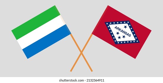 Crossed flags of Sierra Leone and The State of Arkansas. Official colors. Correct proportion. Vector illustration
