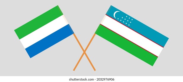 Crossed flags of Sierra Leone and Uzbekistan. Official colors. Correct proportion