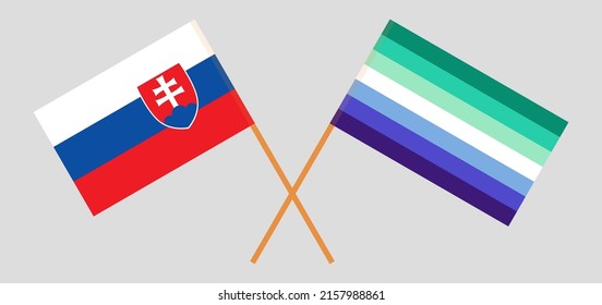 Crossed flags of Slovakia and gay men pride. Official colors. Correct proportion. Vector illustration
