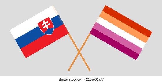 Crossed flags of Slovakia and Lesbian Pride. Official colors. Correct proportion. Vector illustration