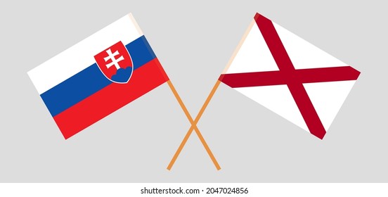 Crossed flags of Slovakia and The State of Alabama. Official colors. Correct proportion