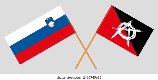 Crossed flags of Slovenia and anarchy. Official colors. Correct proportion. Vector illustration
