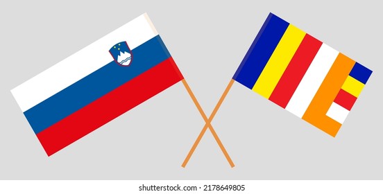 Crossed flags of Slovenia and Buddhism. Official colors. Correct proportion. Vector illustration
