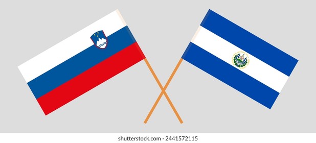 Crossed flags of Slovenia and El Salvador. Official colors. Correct proportion. Vector illustration
