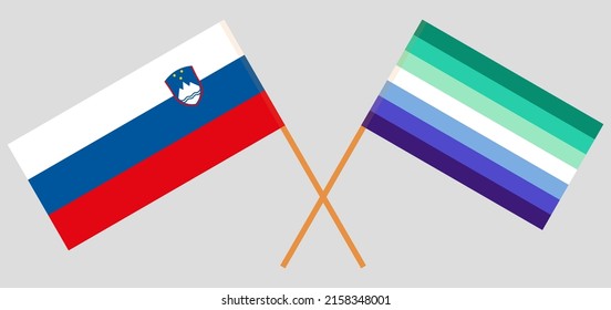 Crossed flags of Slovenia and gay men pride. Official colors. Correct proportion. Vector illustration
