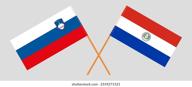 Crossed flags of Slovenia and Republic of Paraguay. Official colors. Correct proportion. Vector illustration.
