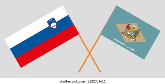 Crossed flags of Slovenia and The State of Delaware. Official colors. Correct proportion. Vector illustration
