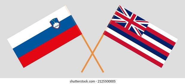 Crossed flags of Slovenia and The State Of Hawaii. Official colors. Correct proportion. Vector illustration
