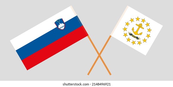 Banderas cruzadas de Eslovenia y el Estado de la isla Rhode. Colores oficiales. Proporción correcta. Ilustración del vector
