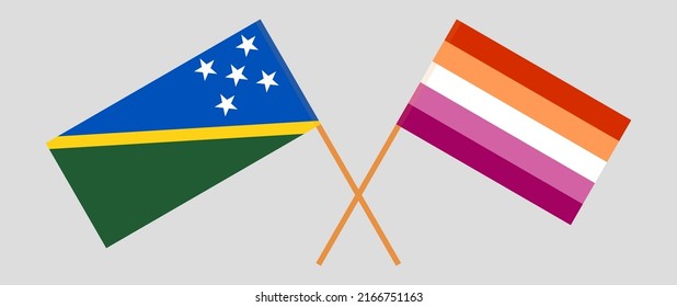 Crossed flags of Solomon Islands and Lesbian Pride. Official colors. Correct proportion. Vector illustration
