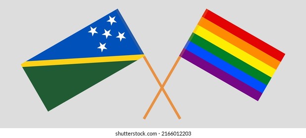 Crossed flags of Solomon Islands and LGBTQ. Official colors. Correct proportion. Vector illustration
