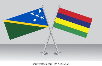 Crossed flags of Solomon Islands and Mauritius. Official colors. Correct proportion. Banner design