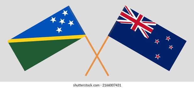 Crossed flags of Solomon Islands and New Zealand. Official colors. Correct proportion. Vector illustration
