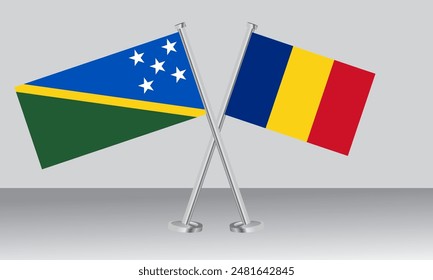Crossed flags of Solomon Islands and Romania. Official colors. Correct proportion. Banner design