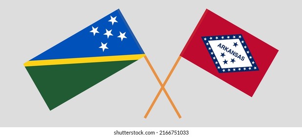 Crossed flags of Solomon Islands and The State of Arkansas. Official colors. Correct proportion. Vector illustration
