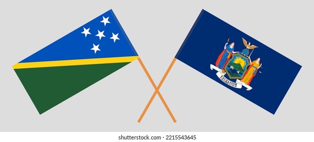 Banderas cruzadas de las Islas Salomón y el Estado de Nueva York. Colores oficiales. Proporción correcta. Ilustración del vector
