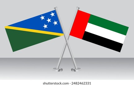 Crossed flags of Solomon Islands and United Arab Emirates (UAE). Official colors. Correct proportion. Banner de