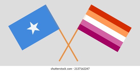 Crossed flags of Somalia and Lesbian Pride. Official colors. Correct proportion. Vector illustration
