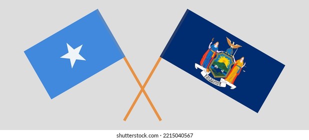 Crossed flags of Somalia and The State of New York. Official colors. Correct proportion. Vector illustration
