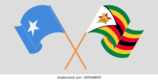 Crossed flags of Somalia and Zimbabwe. Official colors. Correct proportion. Vector illustration

