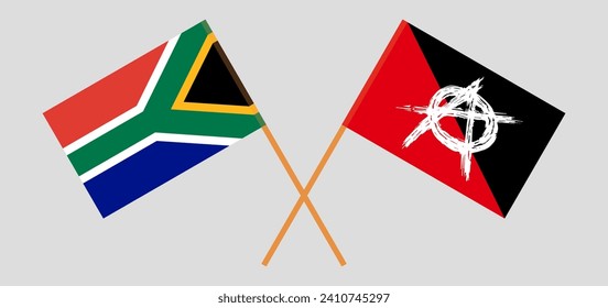 Crossed flags of South Africa and anarchy. Official colors. Correct proportion. Vector illustration
