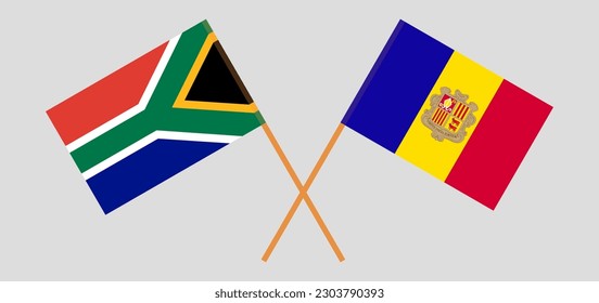 Crossed flags of South Africa and Andorra. Official colors. Correct proportion. Vector illustration
