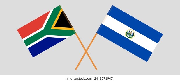 Crossed flags of South Africa and El Salvador. Official colors. Correct proportion. Vector illustration
