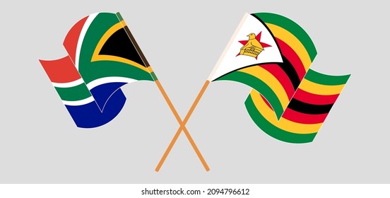 Crossed flags of South Africa and Zimbabwe. Official colors. Correct proportion. Vector illustration
