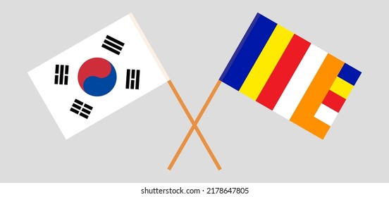 Crossed flags of South Korea and Buddhism. Official colors. Correct proportion. Vector illustration
