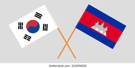 Crossed flags of South Korea and Cambodia. Official colors. Correct proportion. Vector illustration
