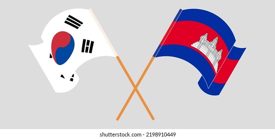 Crossed flags of South Korea and Cambodia. Official colors. Correct proportion. Vector illustration
