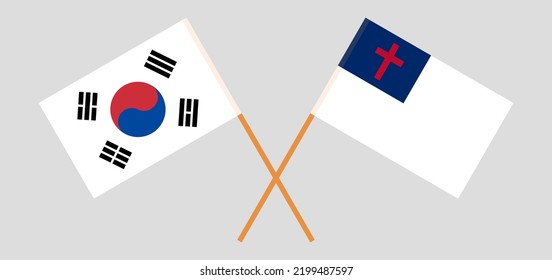 Banderas cruzadas de Corea del Sur y cristiandad. Colores oficiales. Proporción correcta. Ilustración del vector